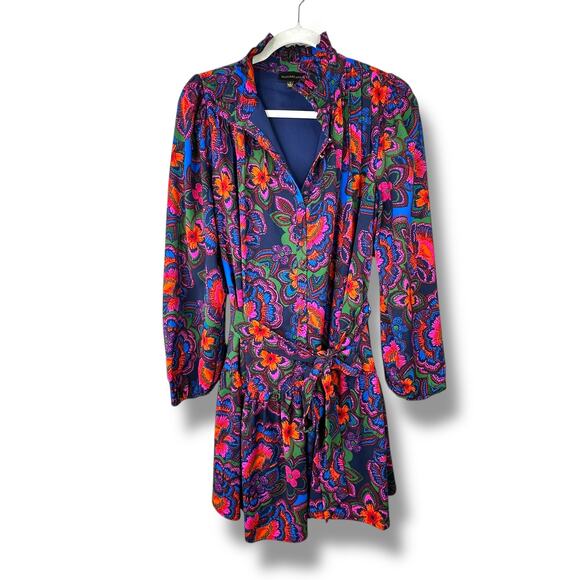 Sugarlips NWOT Rainbow Floral Print Crew Neck Button Tie Waist Mini Dress Small - Picture 3 of 11